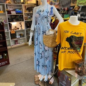 Baby Blue Floral Backless Maxi Summer Dress